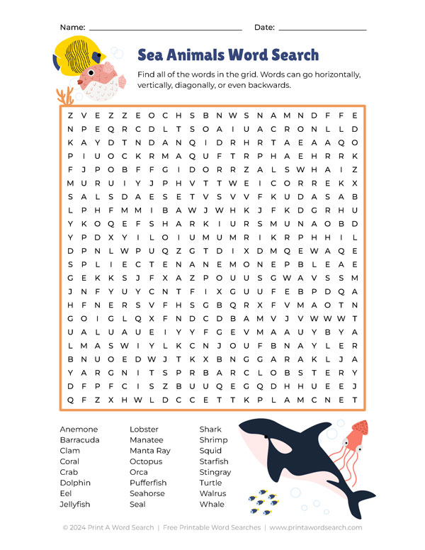 sea animals word search preview