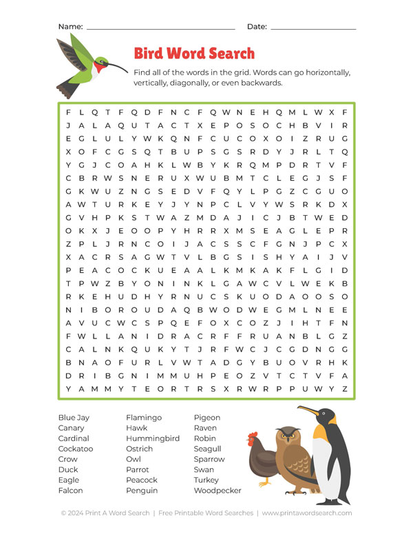 free printable bird word search