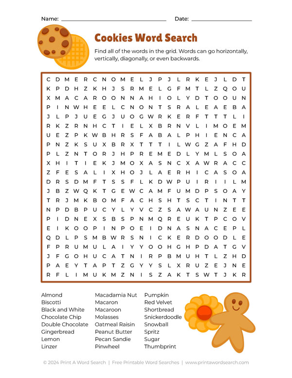 free printable cookies word search