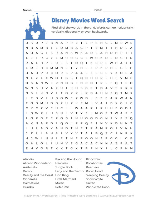 disney movies word search