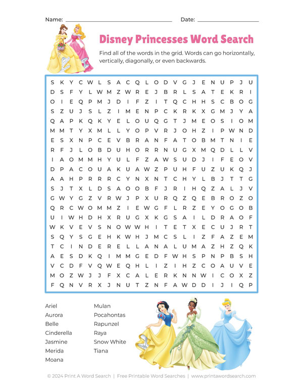 disney princesses word search