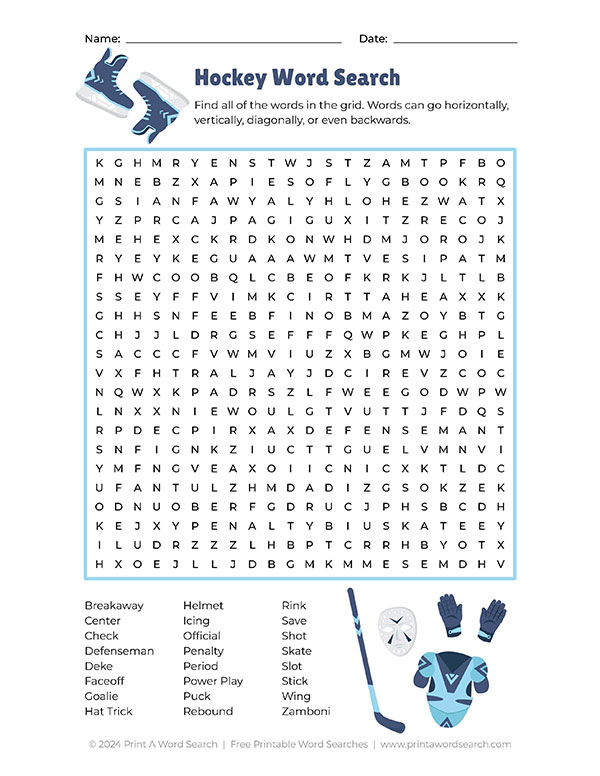 free printable hockey word search