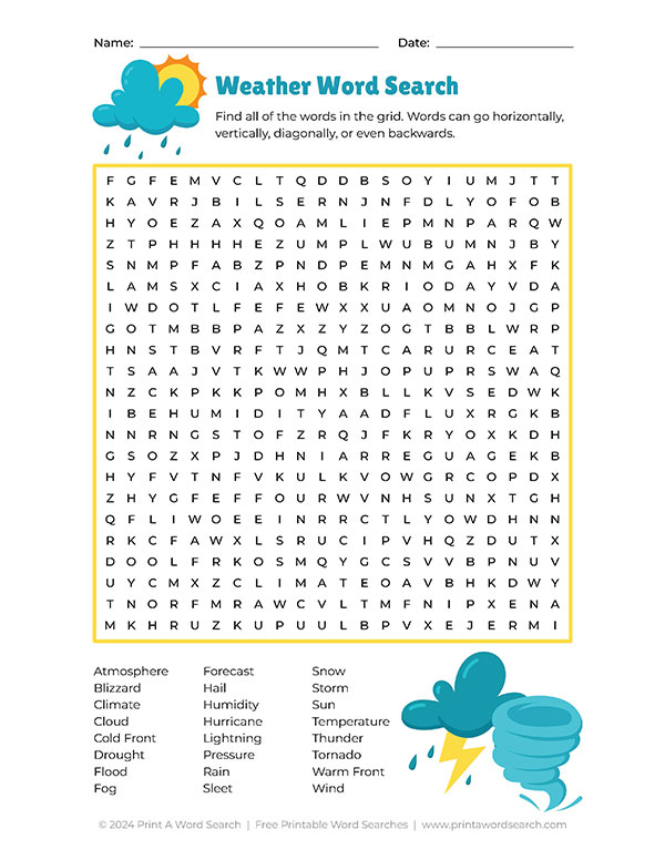 free printable weather word search