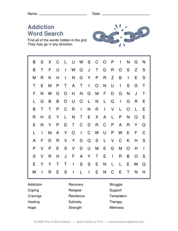 Addiction Word Search