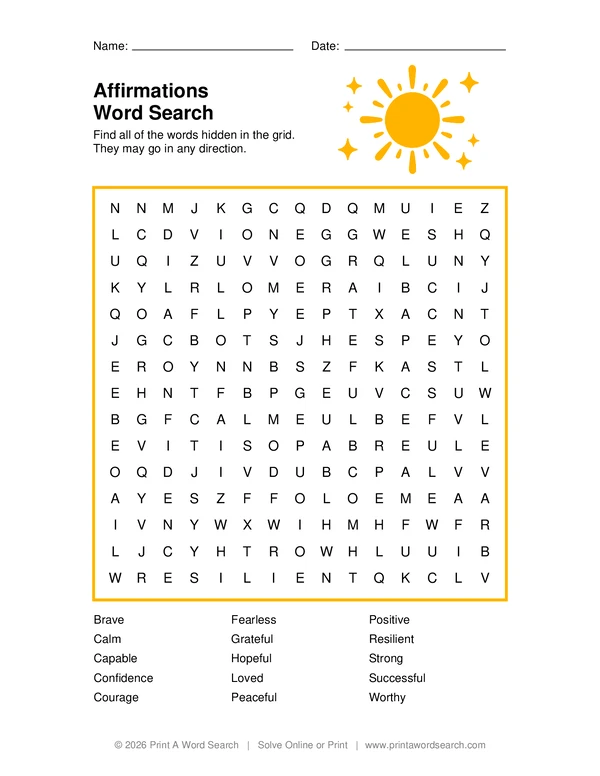 Affirmations Word Search