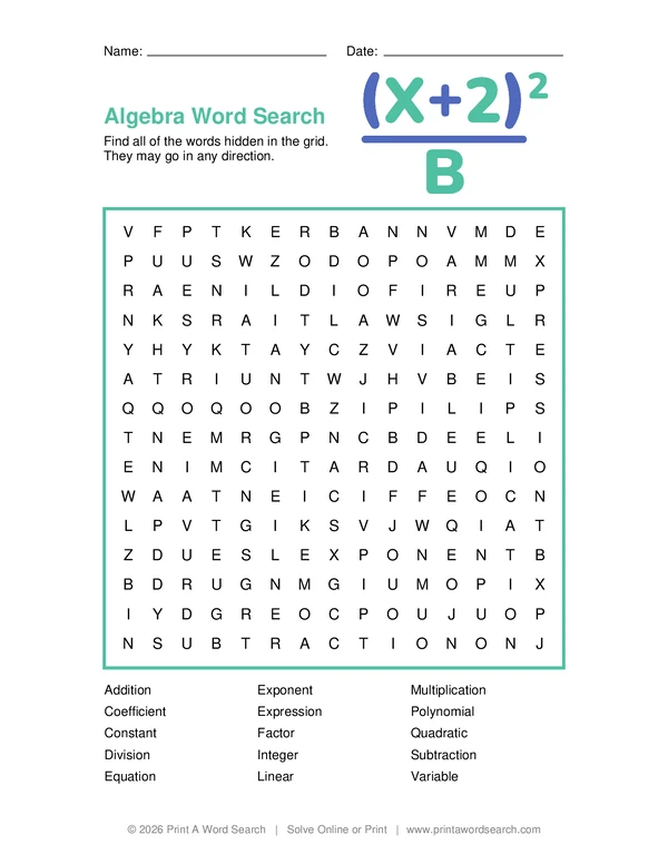 Algebra Word Search word search preview