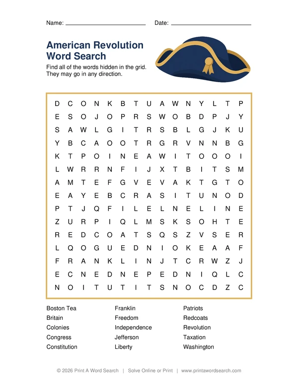 American Revolution Word Search