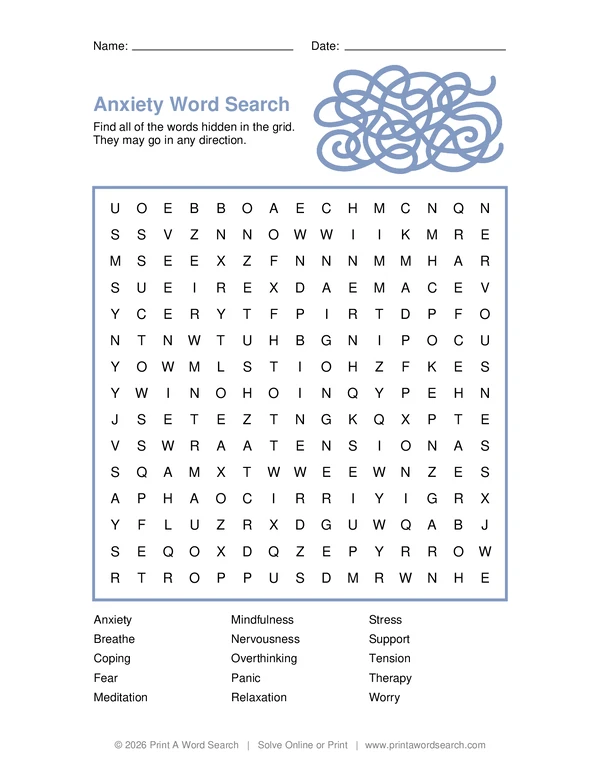 Anxiety Word Search