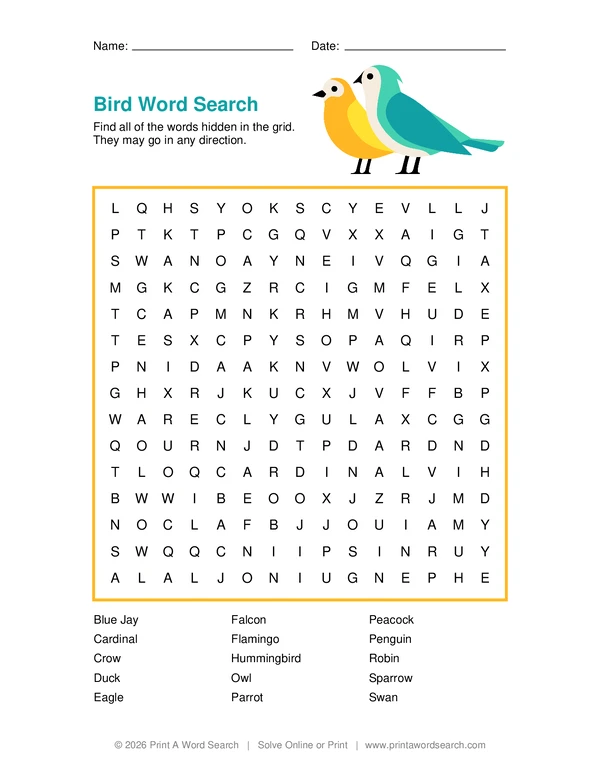 Bird Word Search word search preview