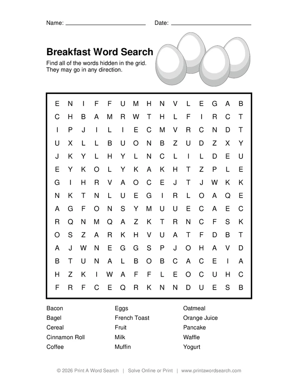 Breakfast Word Search word search preview