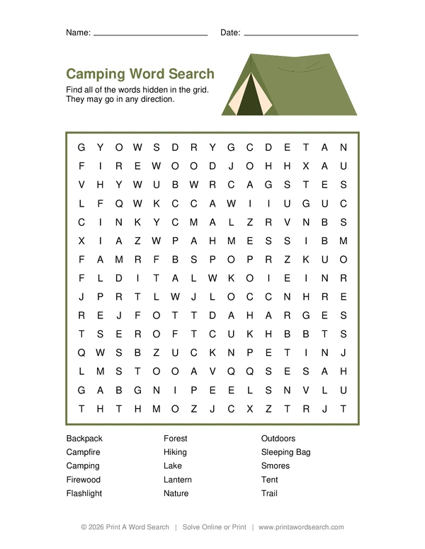 Camping Word Search