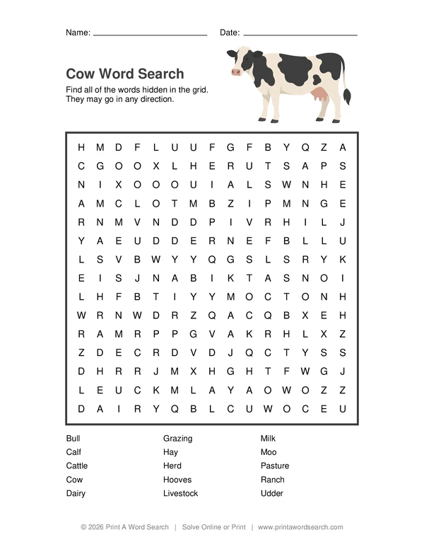 Cow Word Search