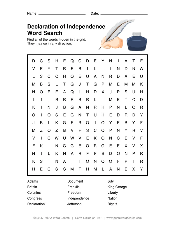 Declaration of Independence Word Search