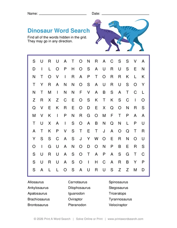 Dinosaur Word Search word search preview