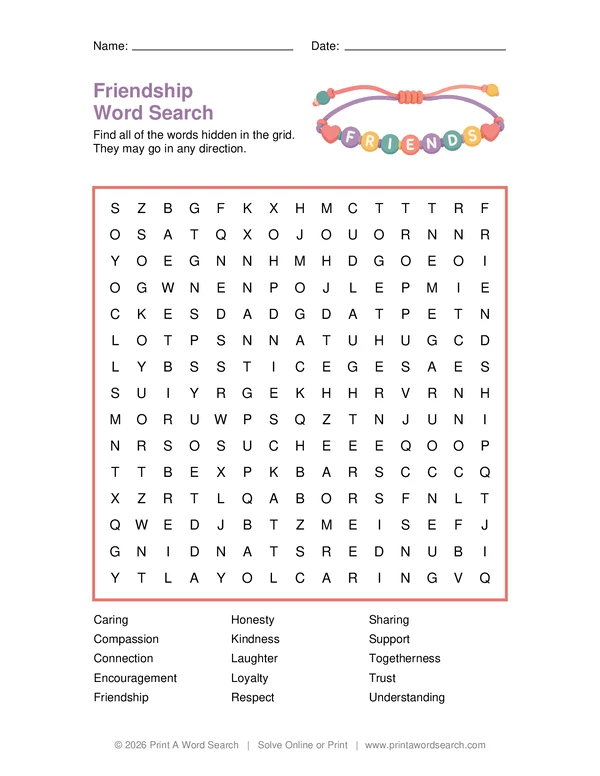 friendship word search preview