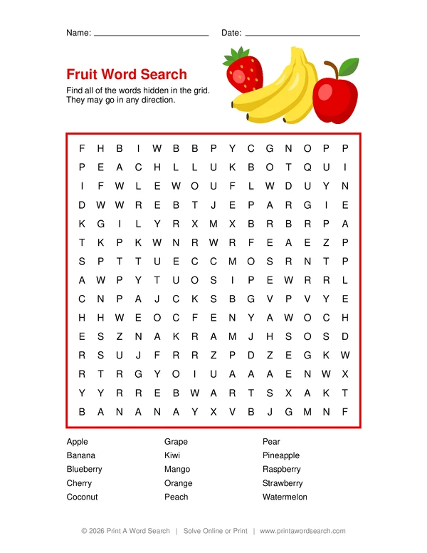 Fruit Word Search word search preview