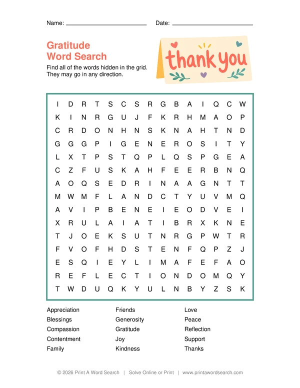 Gratitude Word Search