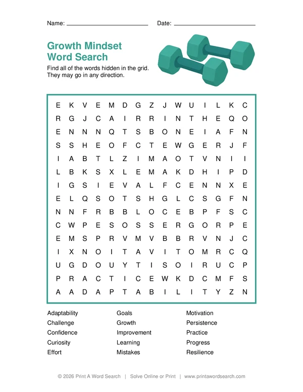 Growth Mindset Word Search