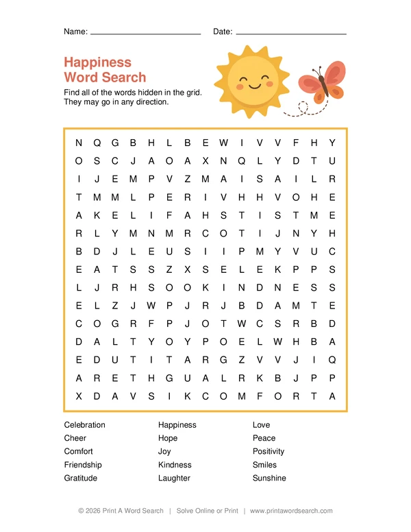 Happiness Word Search