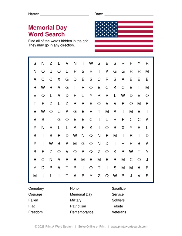 Memorial Day Word Search