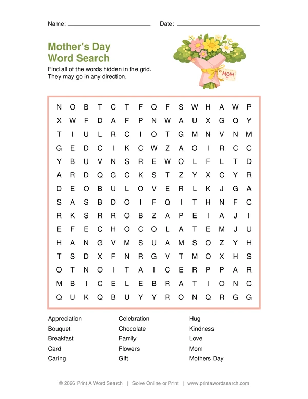 Mother’s Day Word Search word search preview