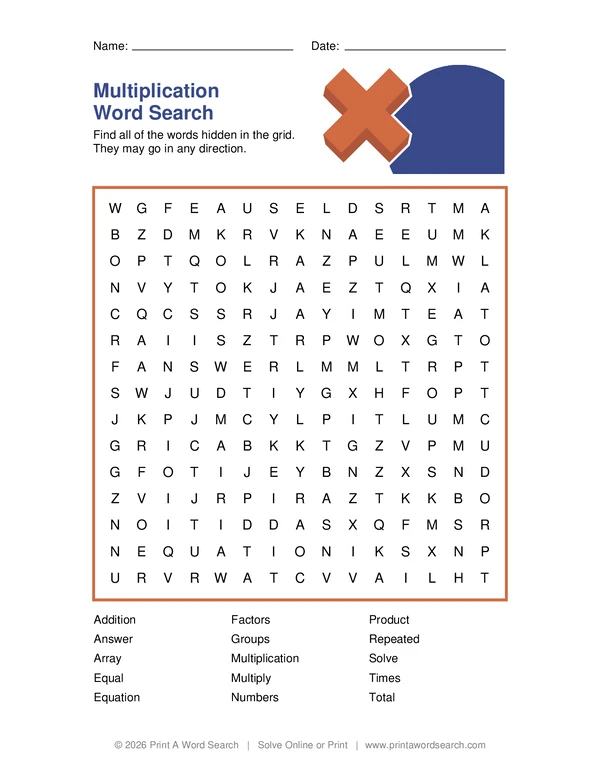 Multiplication Word Search