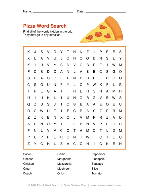 Pizza Word Search word search preview