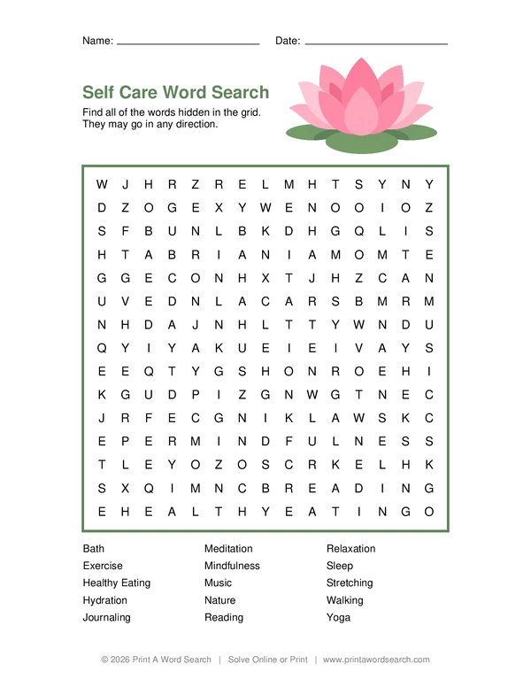 Self Care Word Search