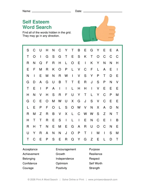 Self Esteem Word Search