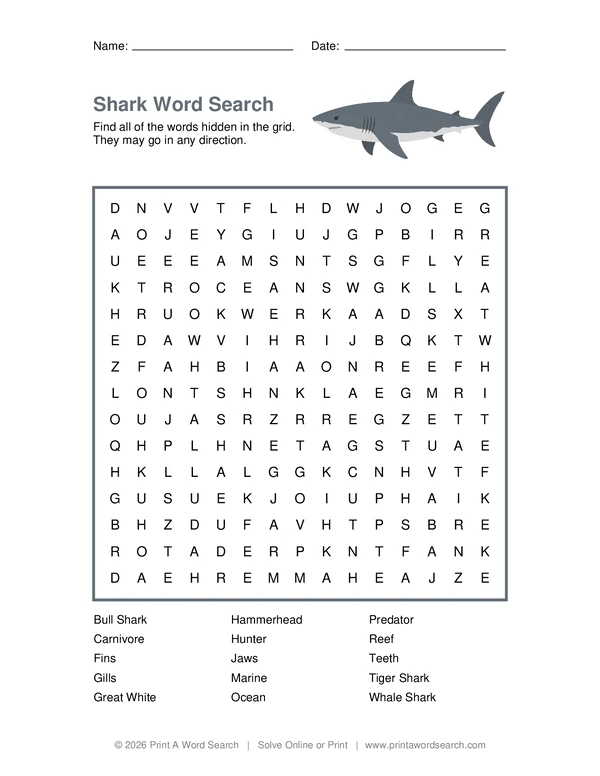 Shark Word Search