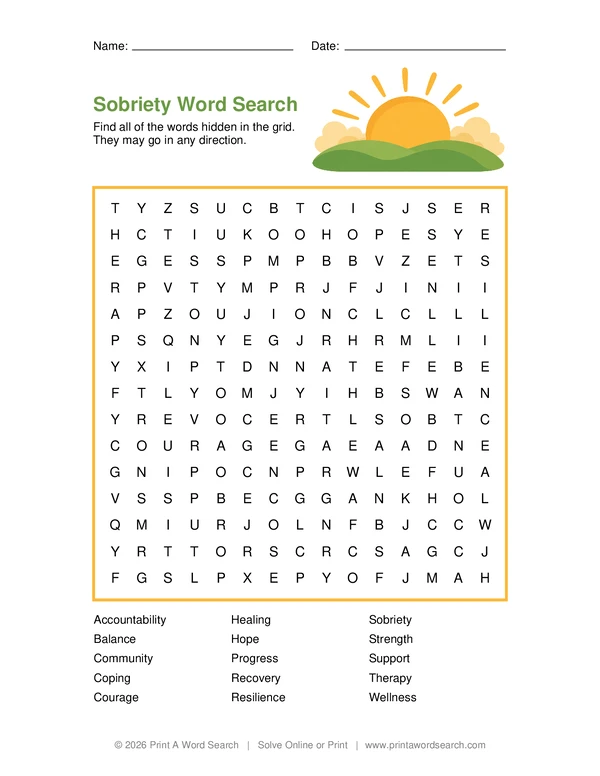 Sobriety Word Search