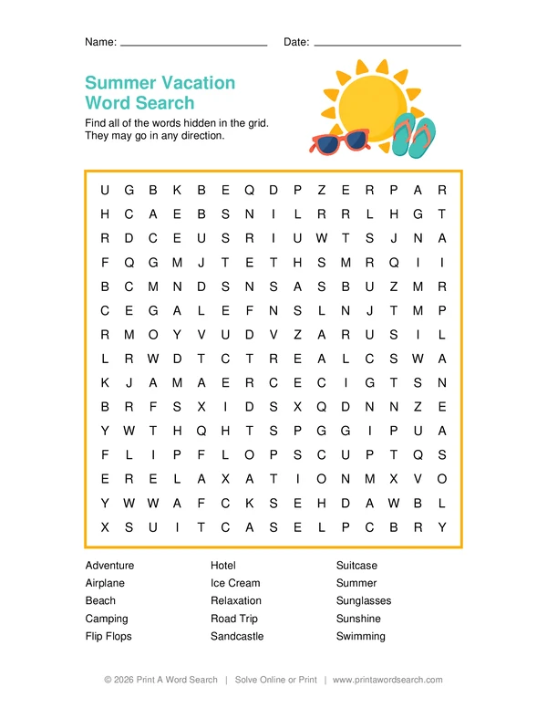 Summer Vacation Word Search