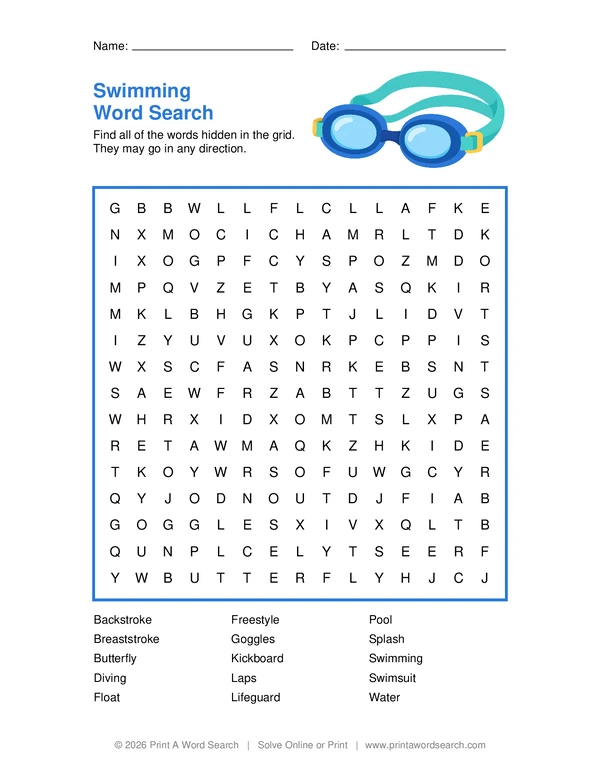 Swimming Word Search