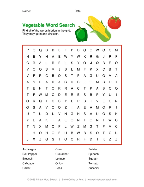 Vegetable Word Search word search preview
